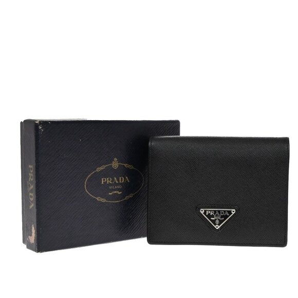 PRADA Logo Bifold Compact Wallet Saffiano Leather Black Italy - Picture 1 of 13